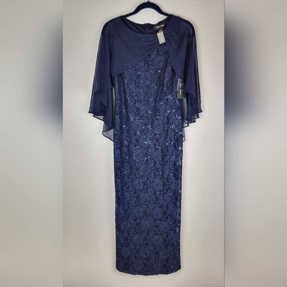 NWT Jessica Howard Embellished Sequin Capelet Gown in Navy 8P - Picture 4 of 14